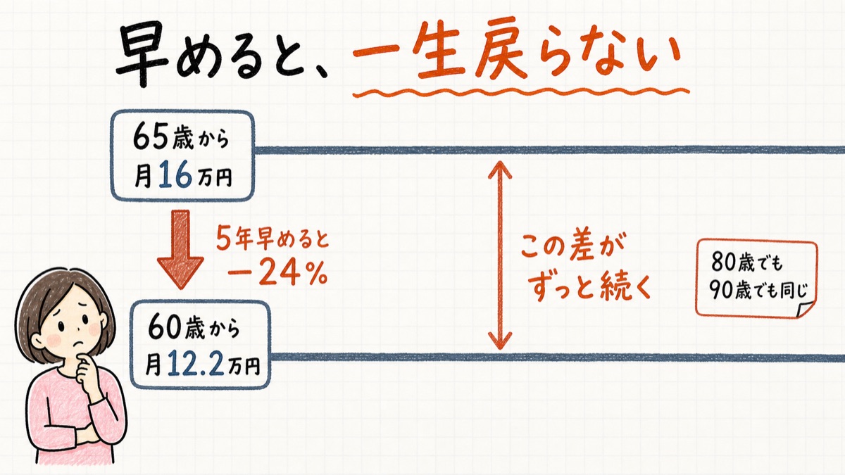 60歳からの12.2万円は、80歳でも90歳でも減ったままです